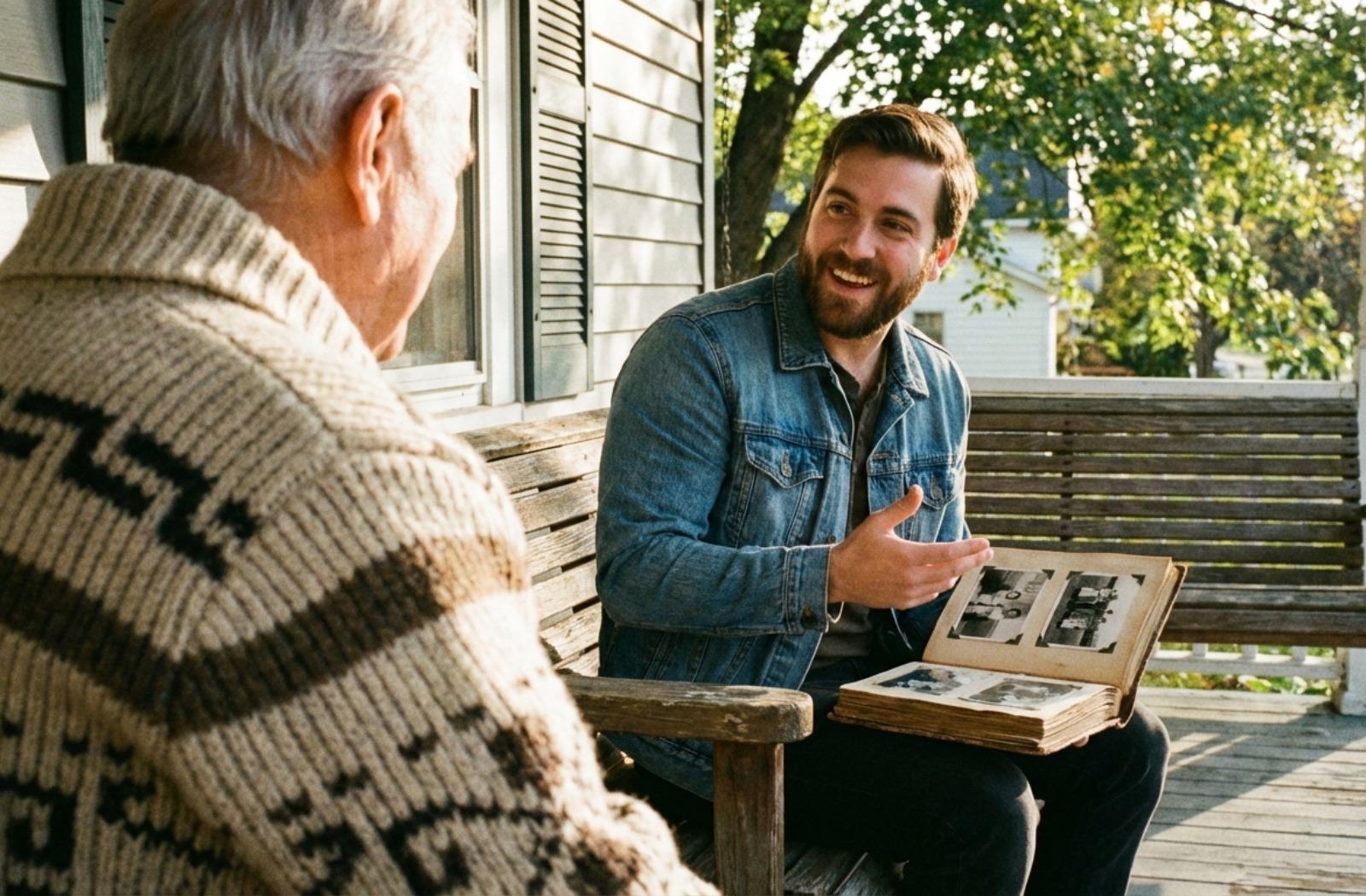 A younger adult and an older adult sit on a sunlit porch talking and looking at an open photo album.
