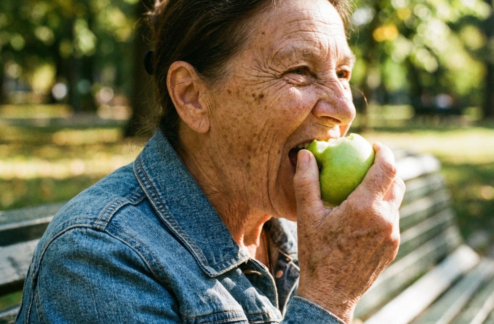 An older adult sits outdoors taking a bite of a green apple.