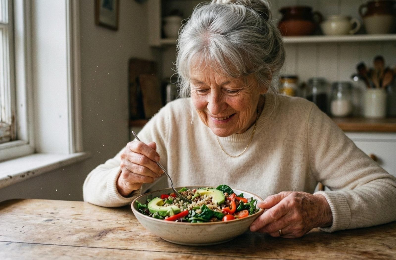 Older adult sitting at a wooden table eating a colorful salad with avocado and greens in natural morning light.